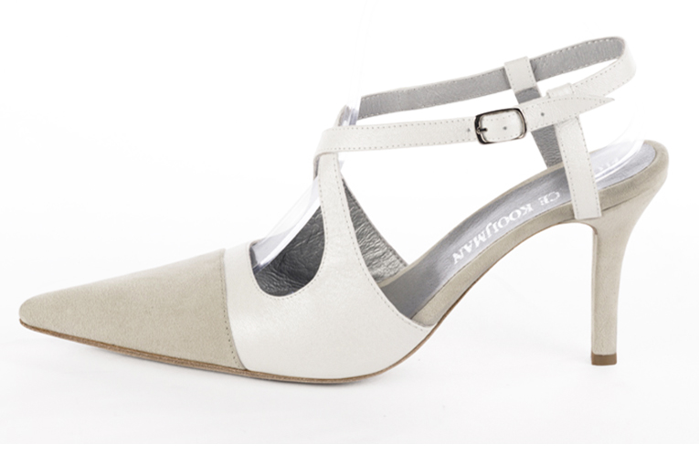 Off white women's open back shoes, with crossed straps. Pointed toe. High slim heel. Profile view - Florence KOOIJMAN
